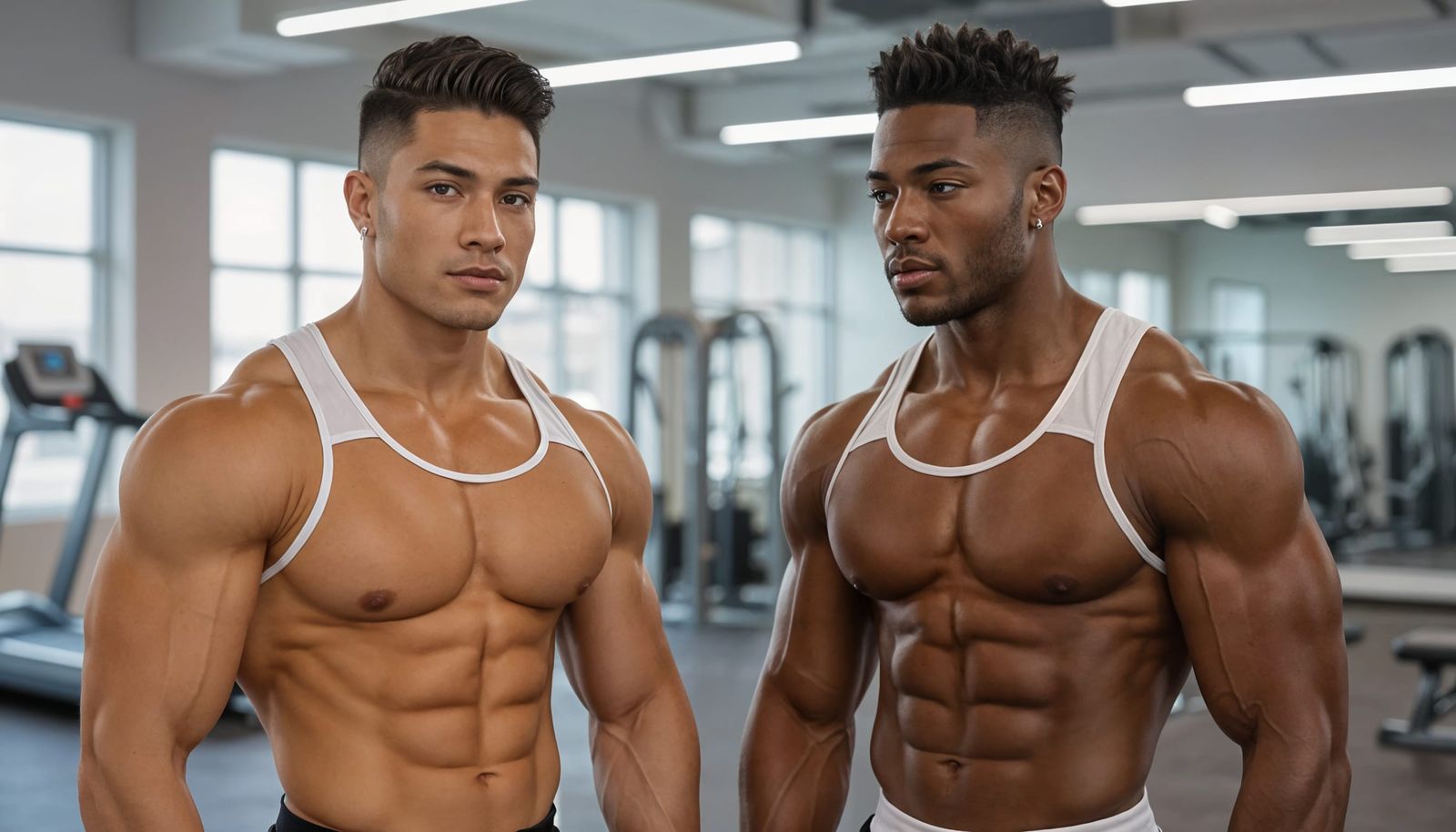 Two Muscular Men in Fitness Center with Dynamic Lighting