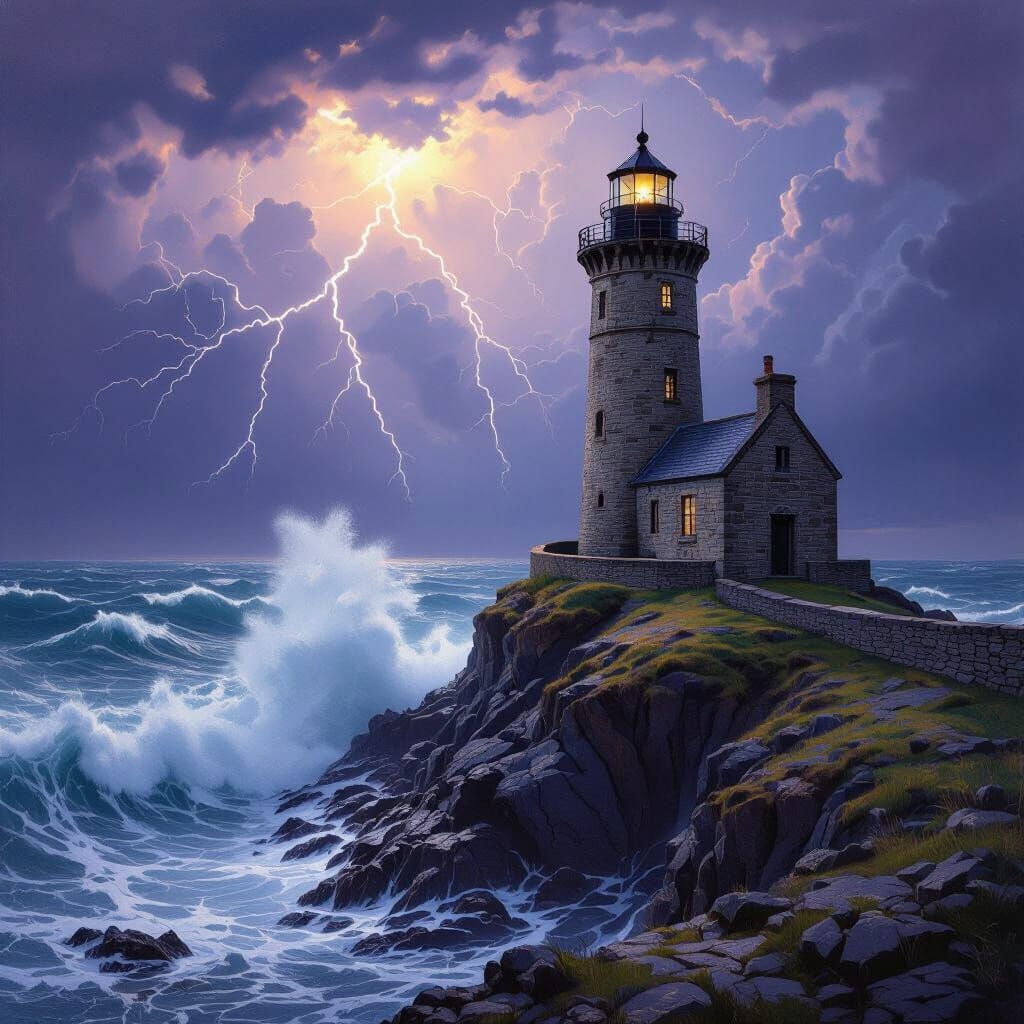 Stormy Lighthouse on Jagged Cliff in Romantic Style