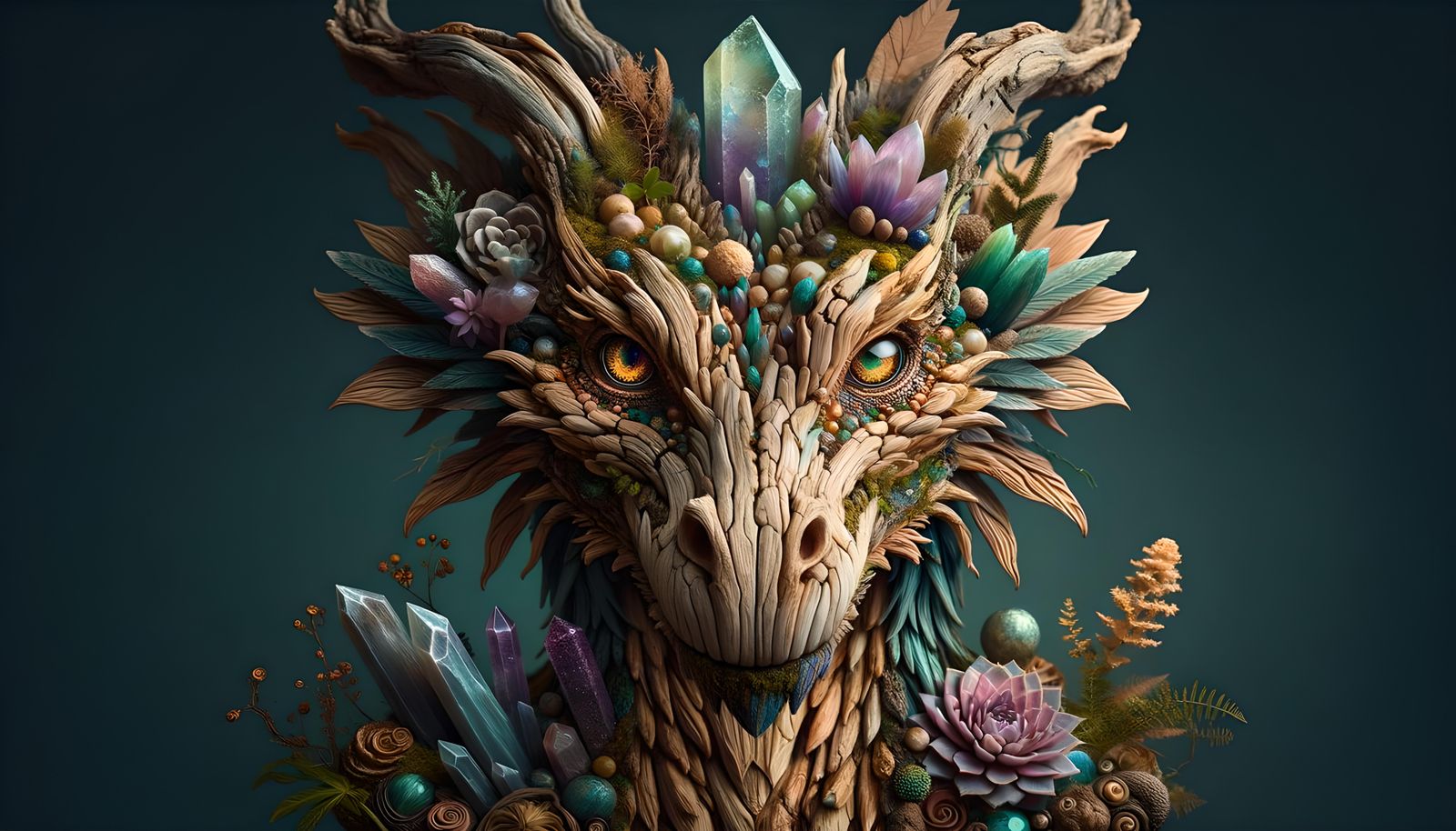 Majestic Wood Dragon with Crystals and Plant Life