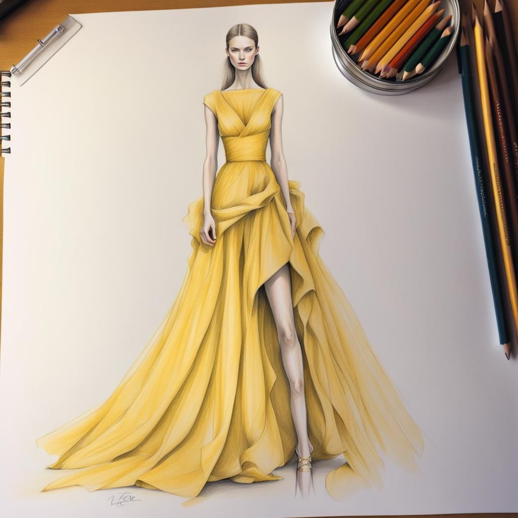 Faceless Model in Yellow Dress: Color-Pencil Sketch