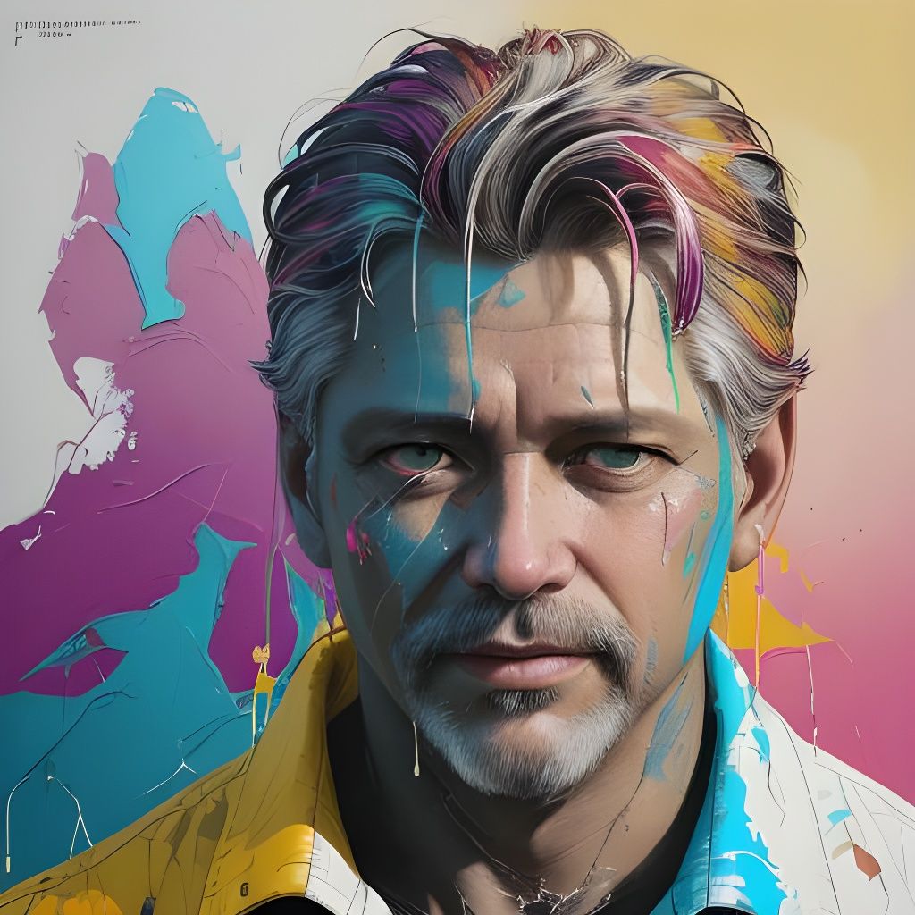Vibrant Portrait with Paint Drip Technique on Canvas