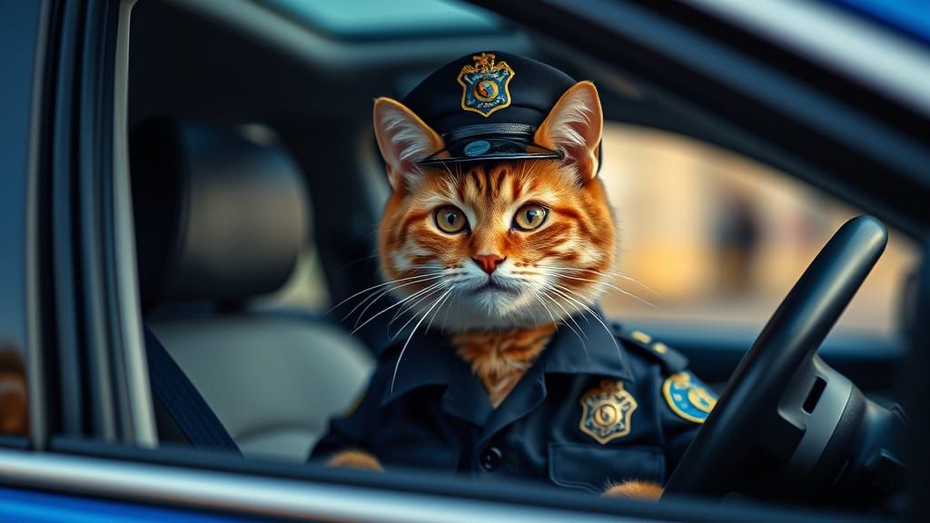 Police Cat in Realistic Police Car Scene