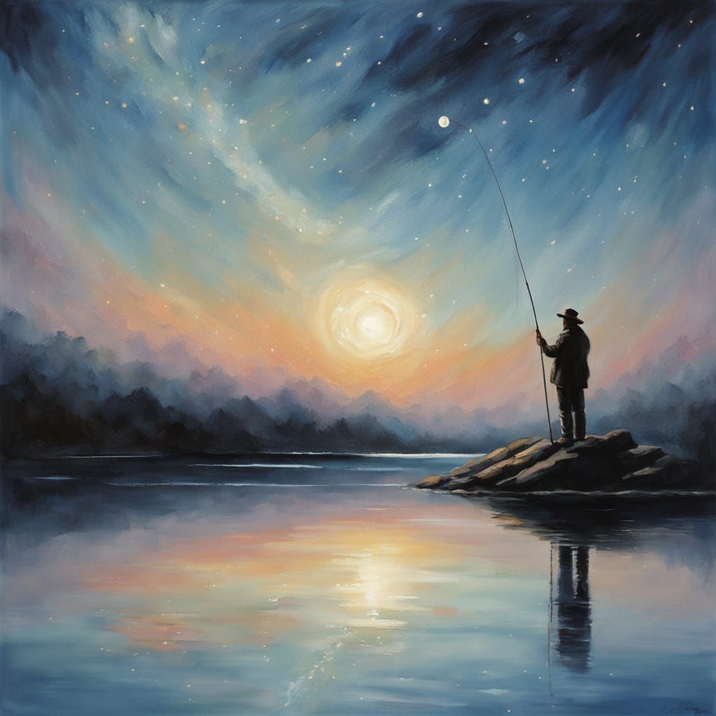 Fisherman Casting Line to Stars: Impressionist Oil Painting