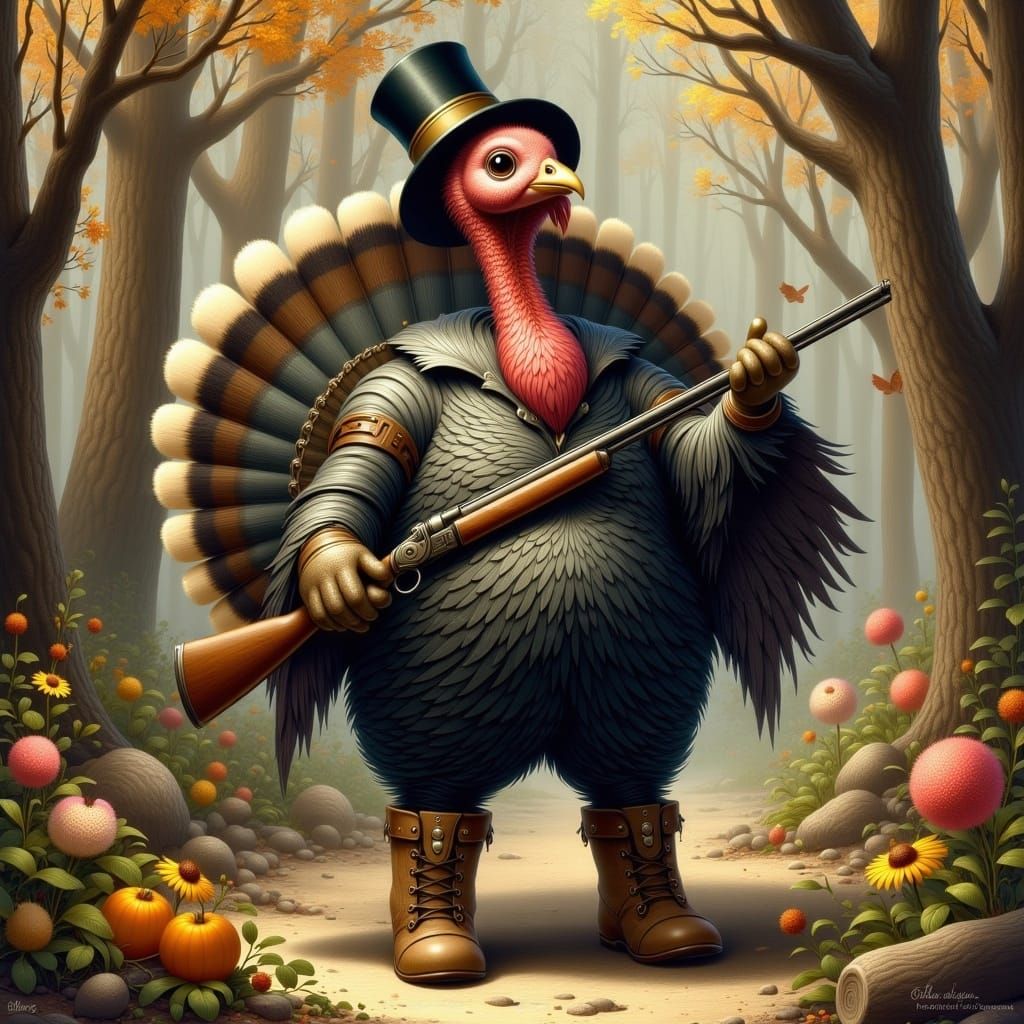 Dapper Turkey with Shotgun in Folk Art Style