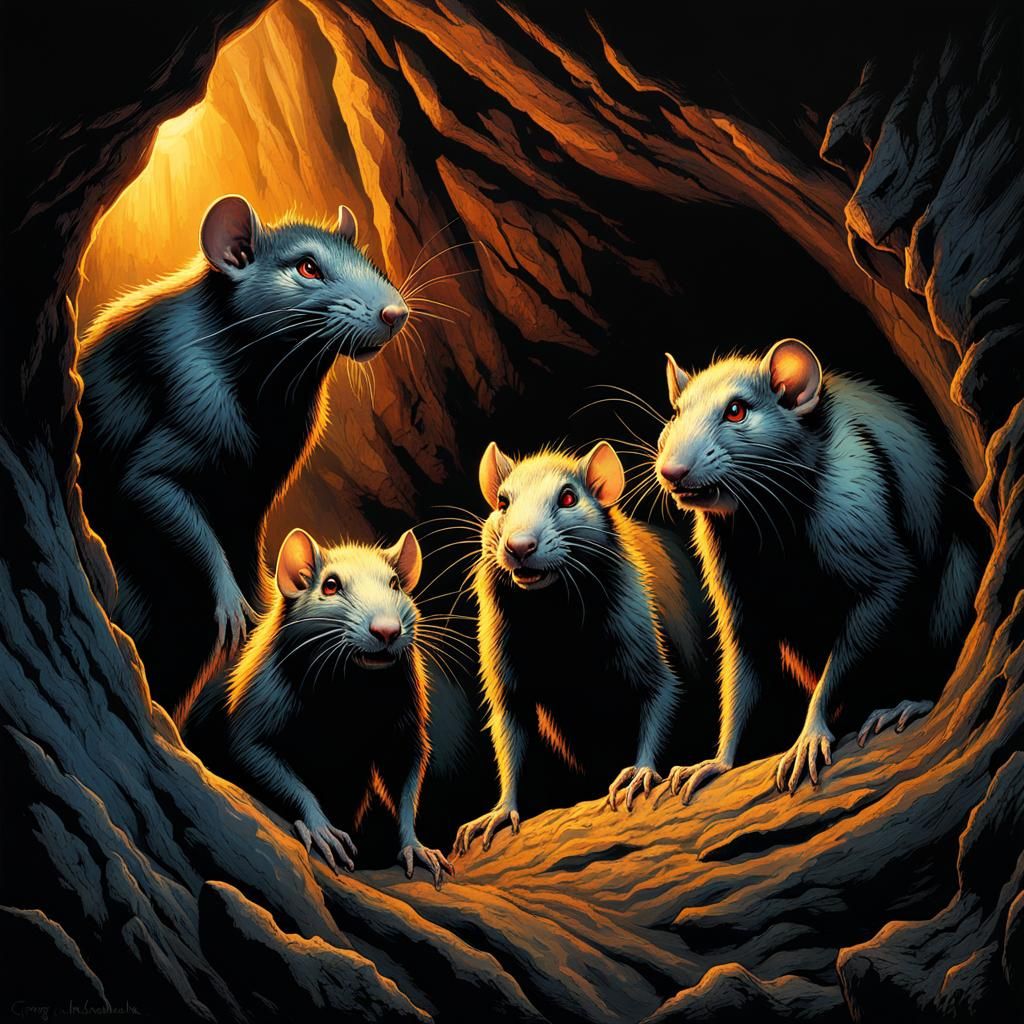A group of giant mangy rats in a dark cave, their eyes shining in the dark. Sinister and dangerous. They mean harm.
