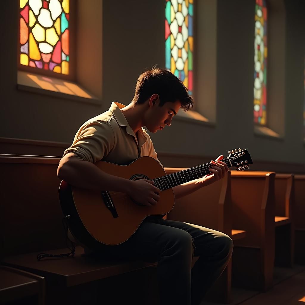 Man Learns Guitar in Church: Hyper-Realistic Digital Art