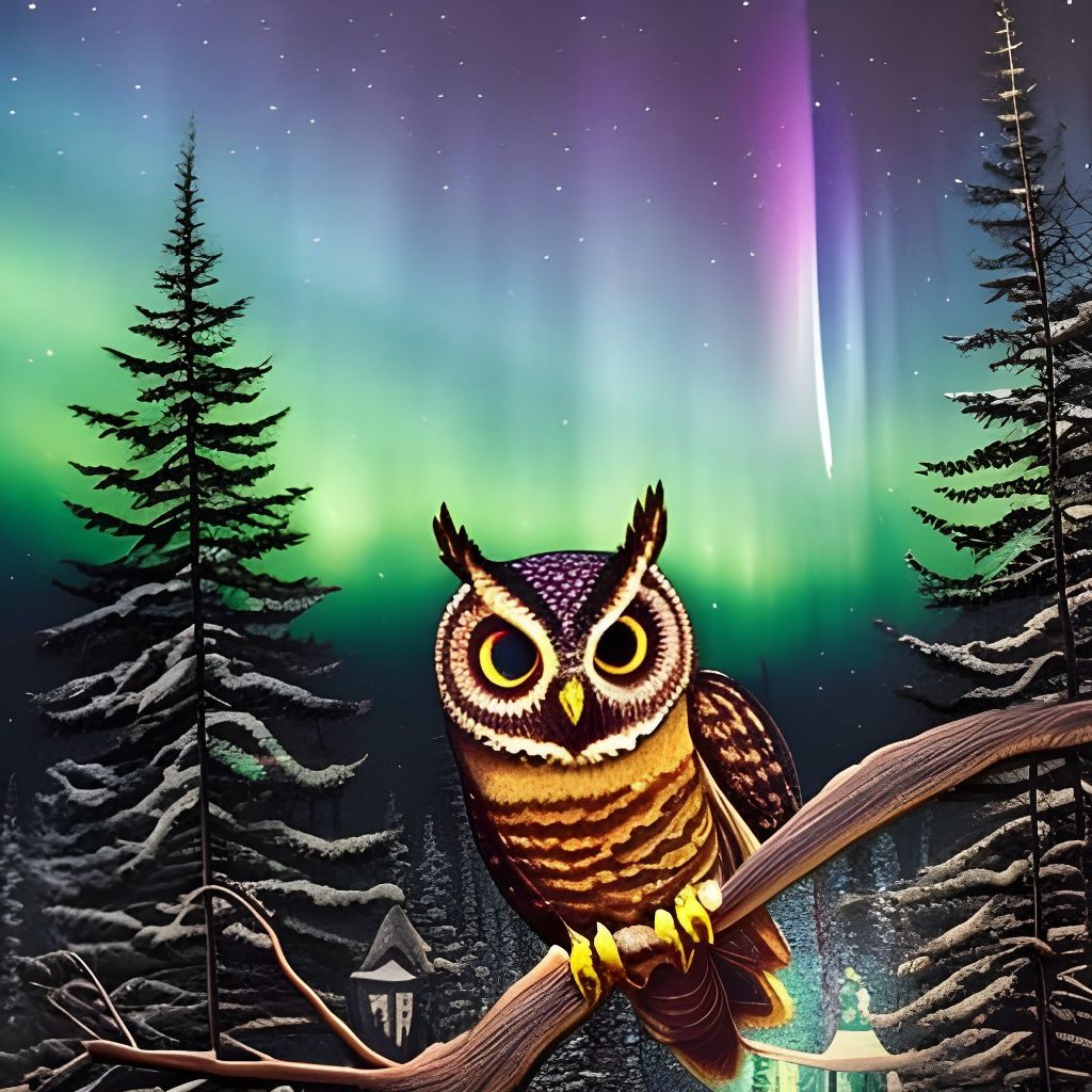 Owl Soaring Under Aurora Borealis in Art Nouveau Style