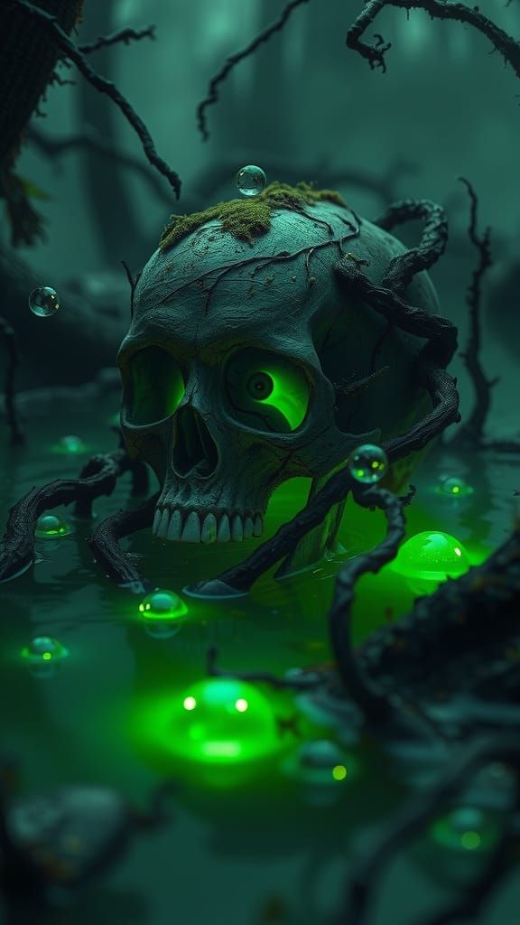 Skull in Bioluminescent Swamp: Biopunk Gothic Art