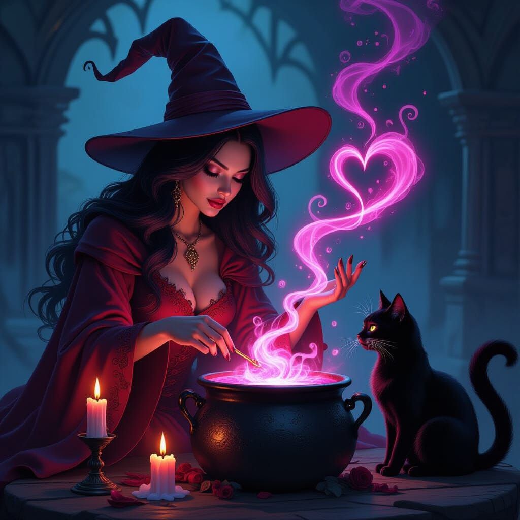 Enchanting Witch Brews Love Potion with Mystical Smoke Heart