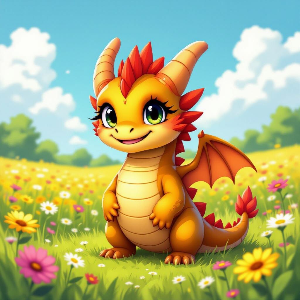 Cute Chibi Dragon on Farmland in Comic Style