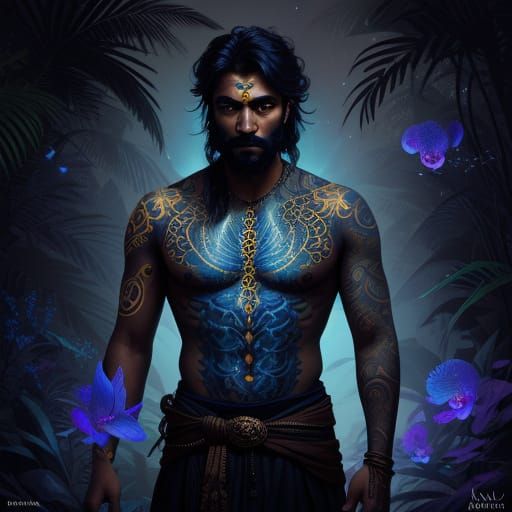 Constellation Tattooed Man in Bioluminescent Jungle