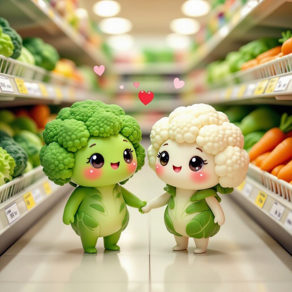 Kawaii Chibi Broccoli and Cauliflower in Supermarket