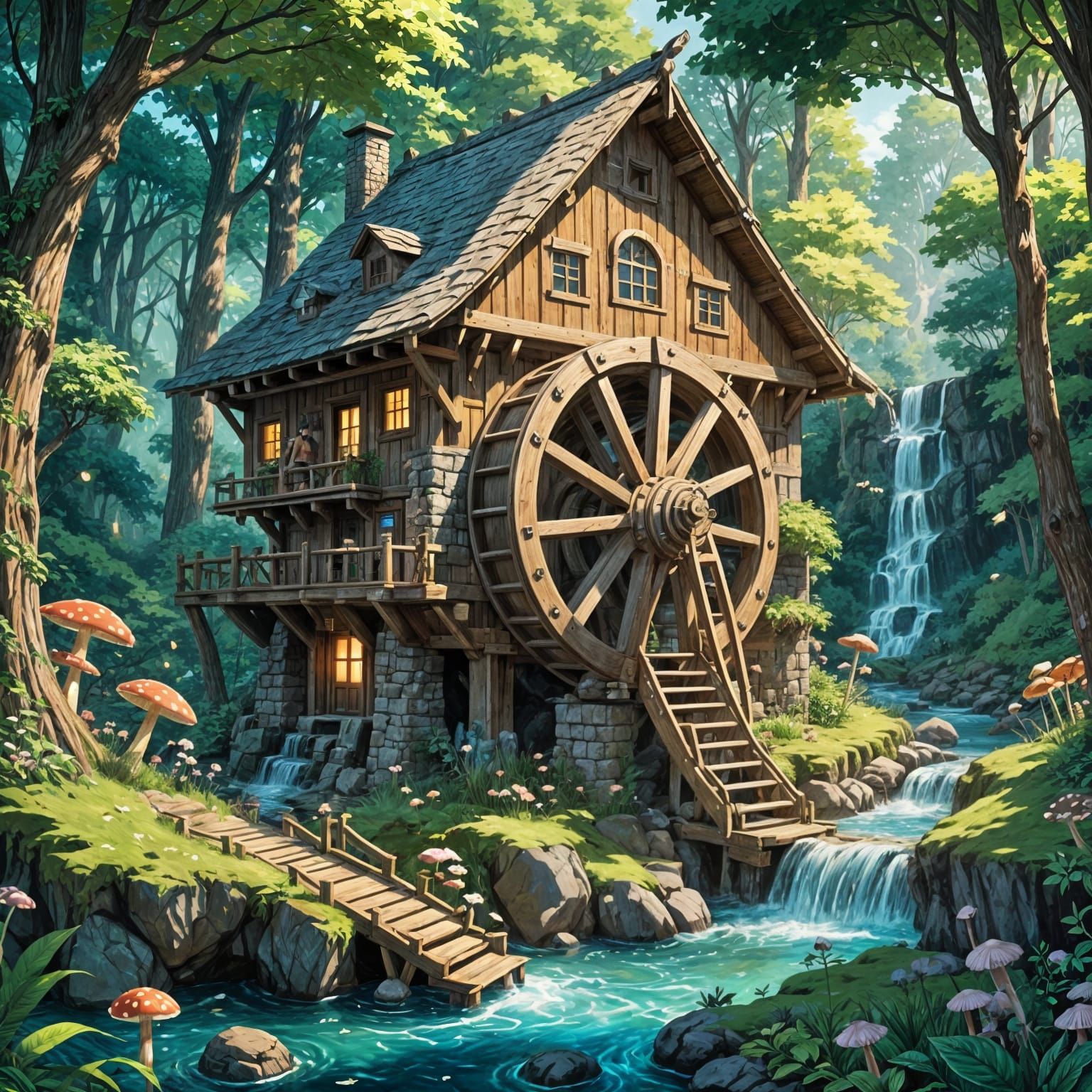 Whimsical Waterwheel in Enchanted Forest, Anime Style