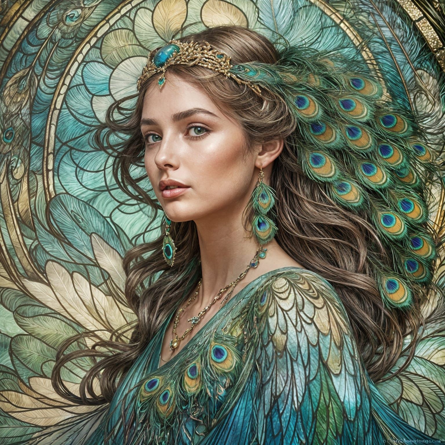 Ethereal Goddess with Peacock Feathers, Hyperdetailed Portra...