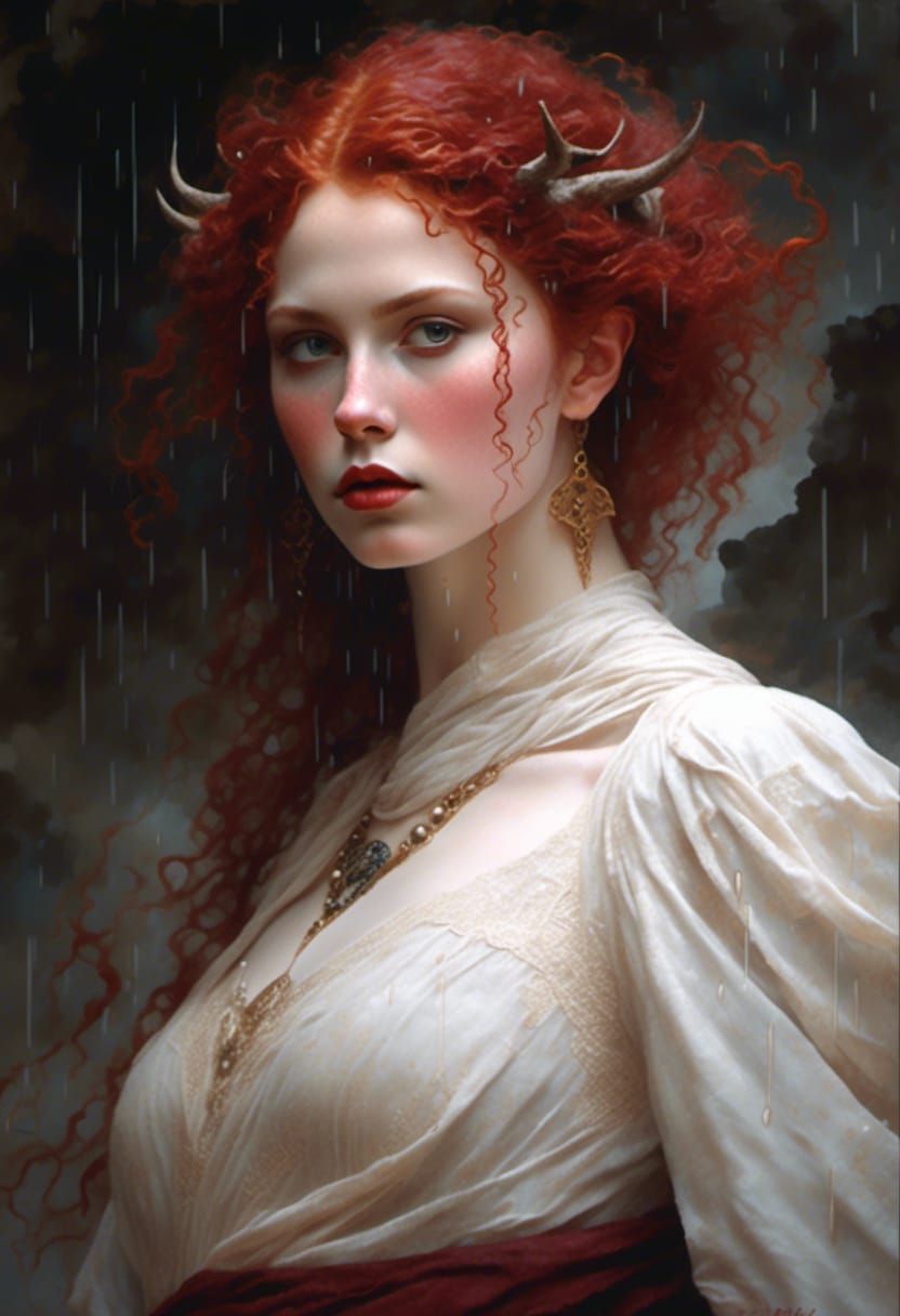 Red-Headed Horned Goddess in Storm, Watercolor Style