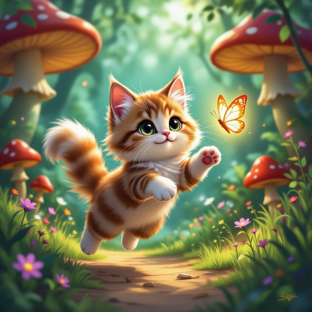 Playful Cat Leaping for Butterfly in Enchanted Forest