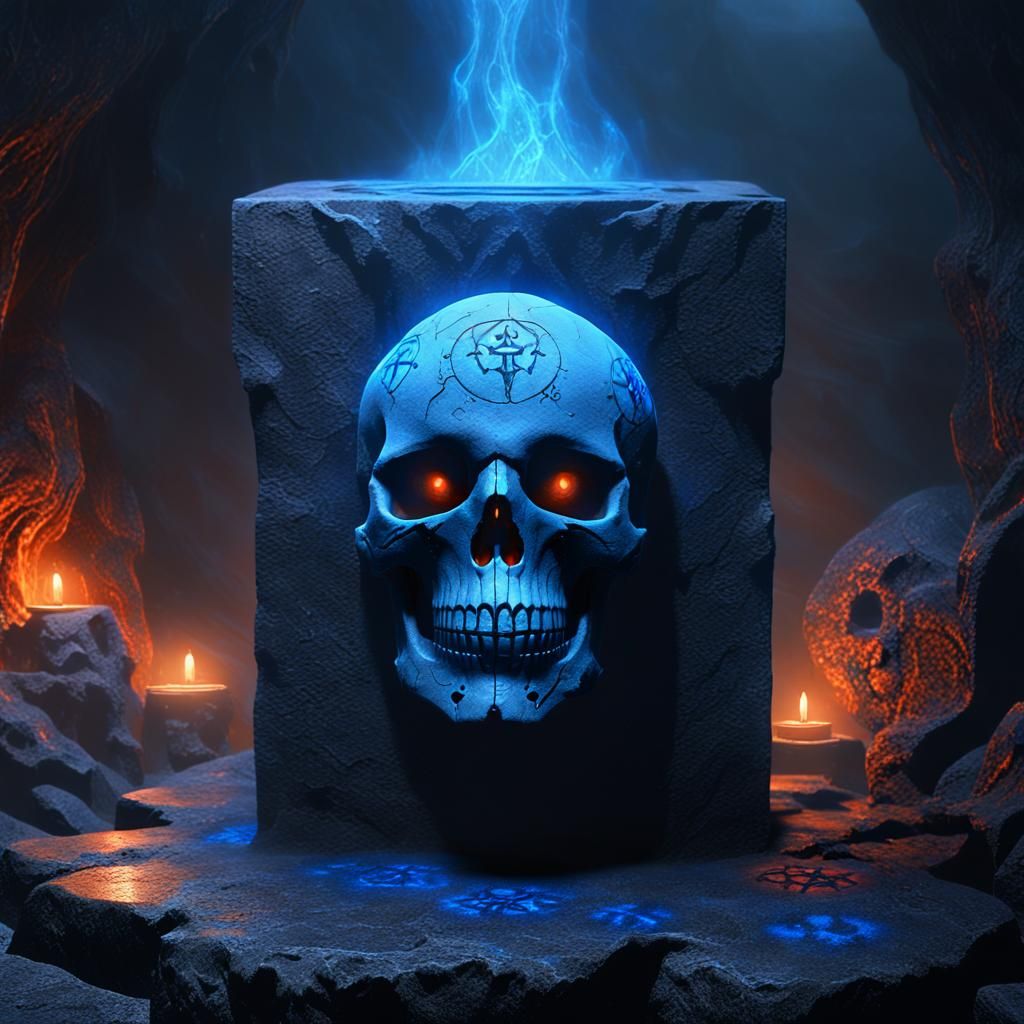 Blood Skull with Glowing Runes in Misty Cave