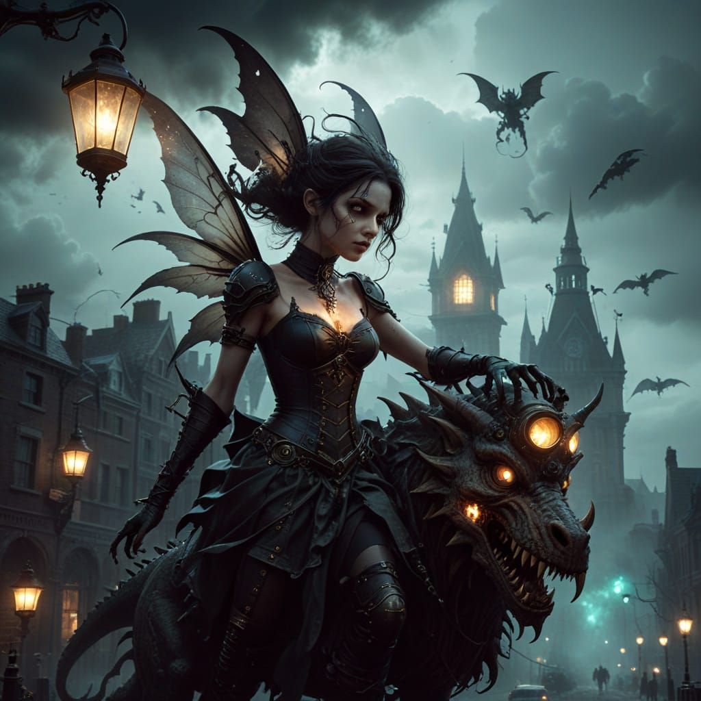 Steampunk Fairy Horror: Monster Attack in Dark Fantasy Art