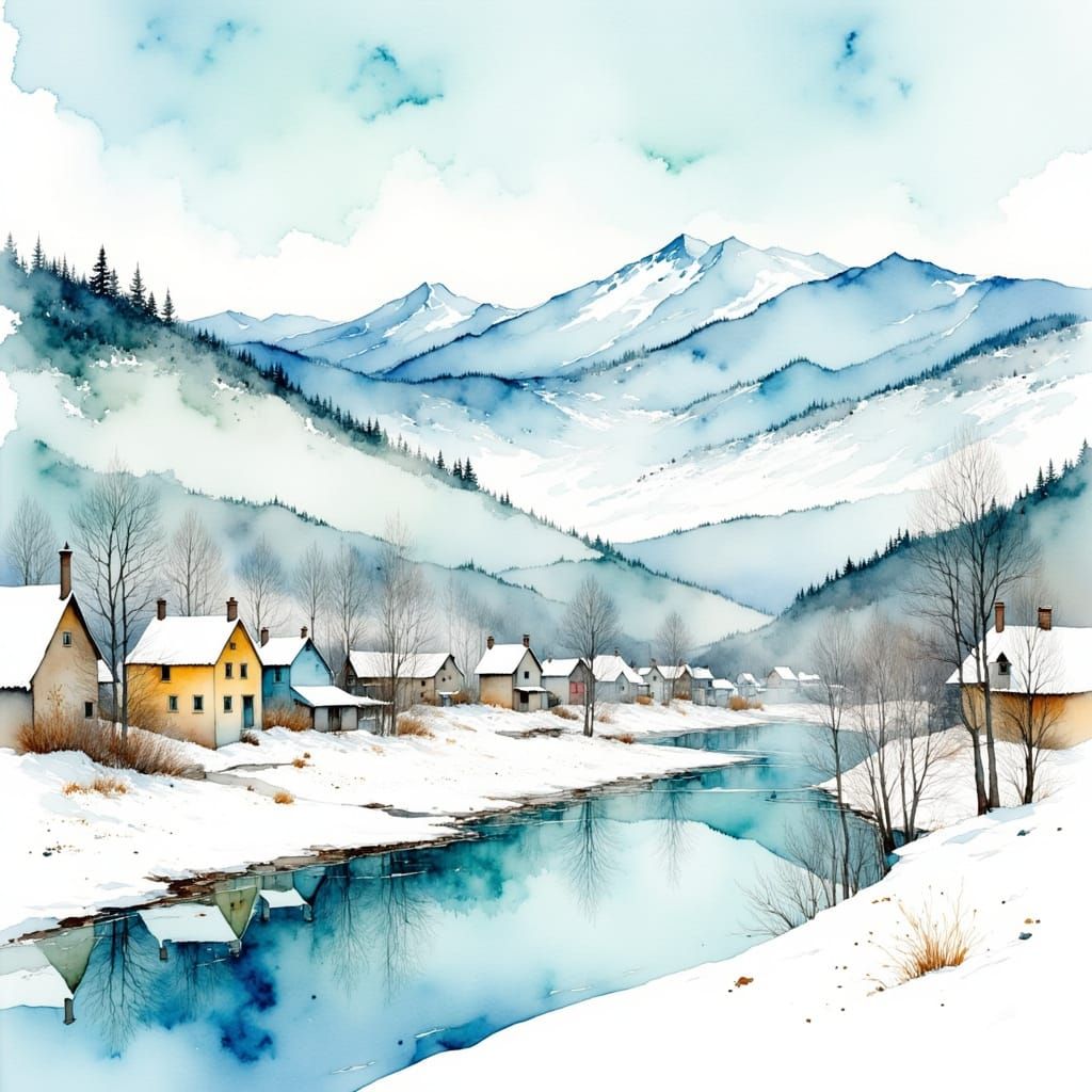 Dreamy Watercolor Winter Village by Frozen River