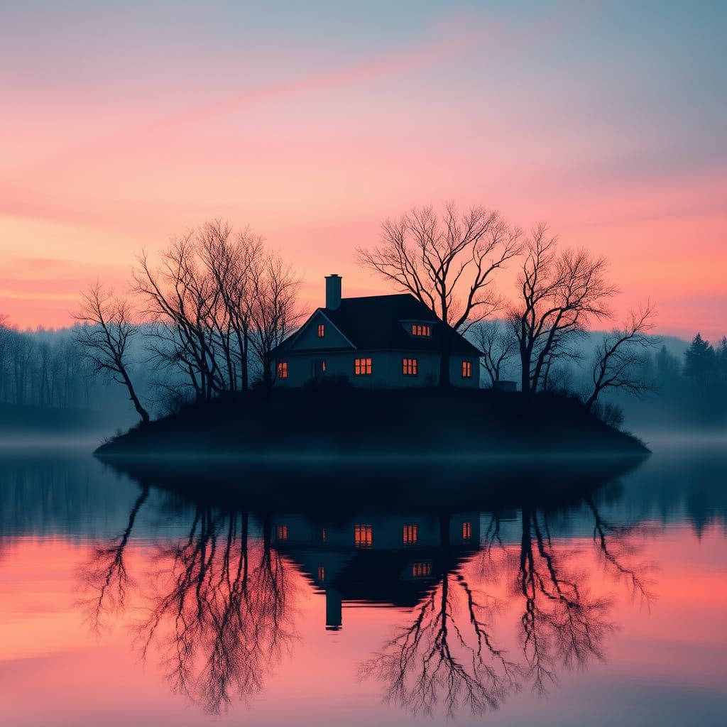 Serene Island House at Dusk in Hyperrealistic Style