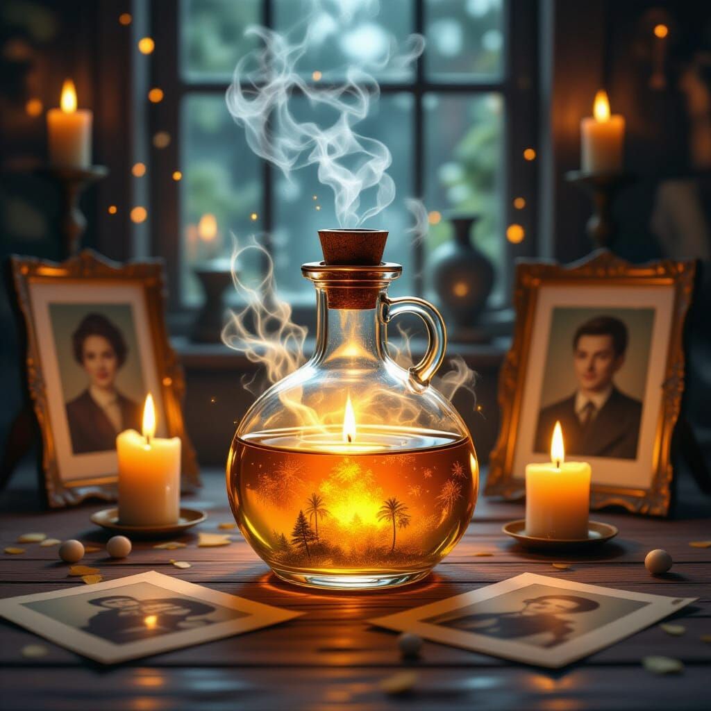 Magical Steaming Potion in Nostalgic Candlelit Room