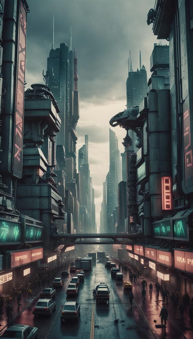 Dystopian Sci-Fi Mega City in Cinematic Style