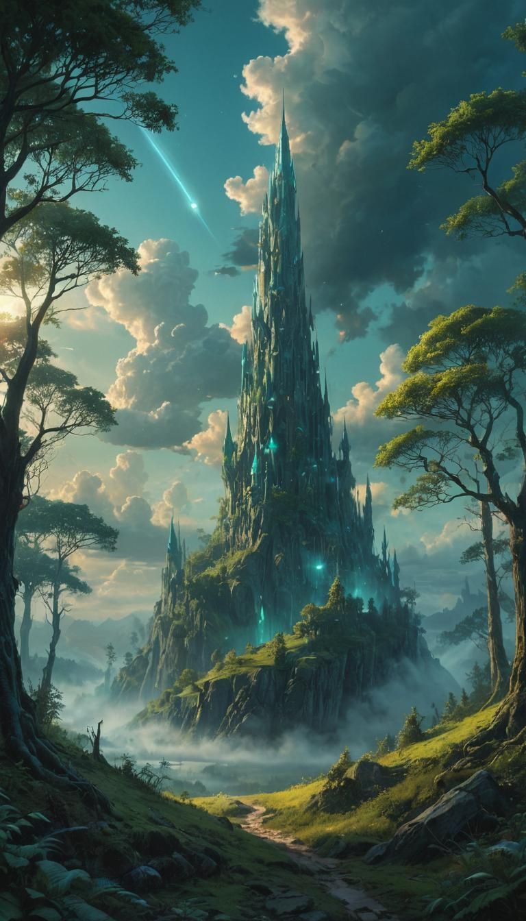 Serene Fantasy Landscape with Crystal Spire