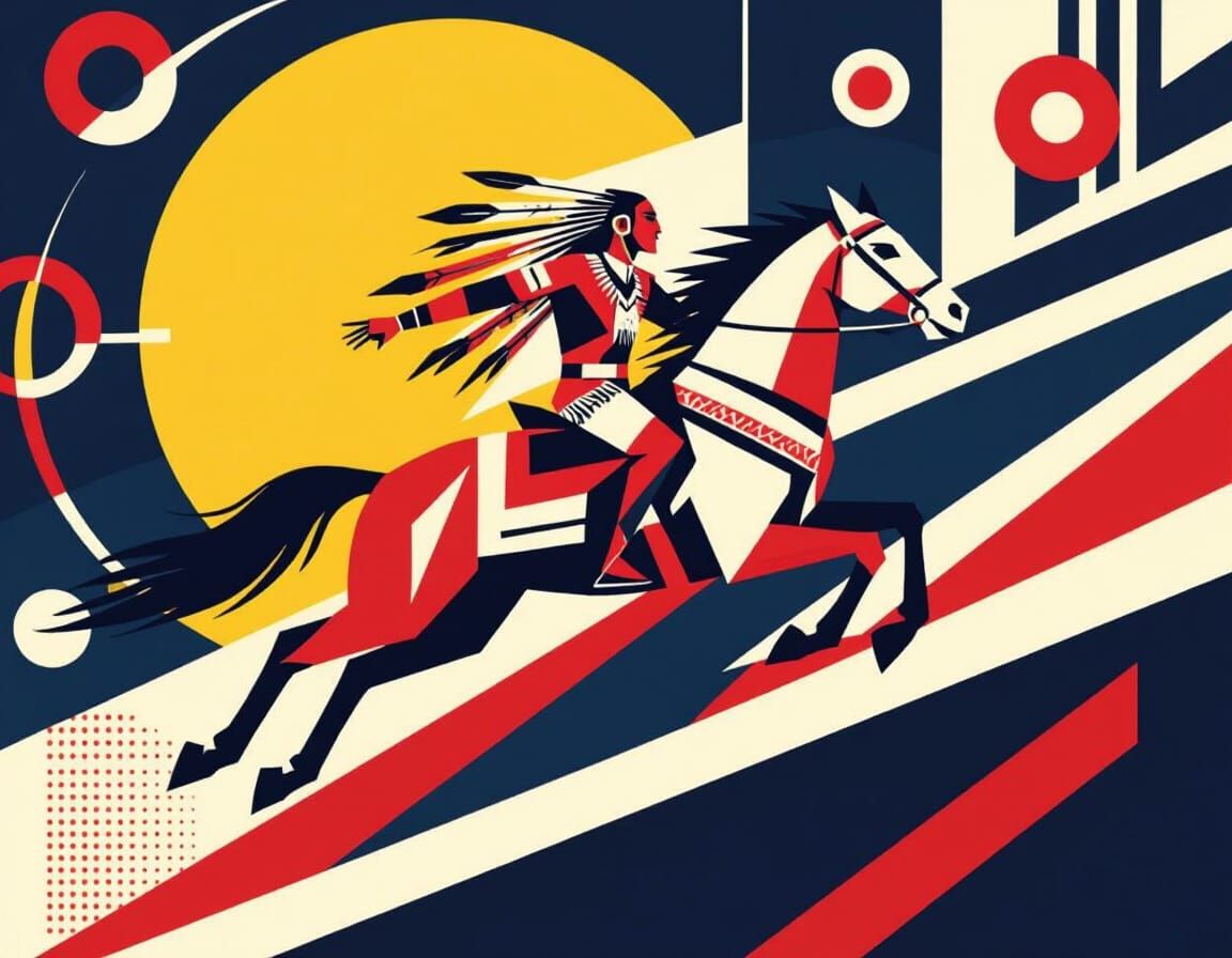 Geometric art of Red Indian on his horse leaping in air, angular cubist shapes, bold red and white color palette with bl...