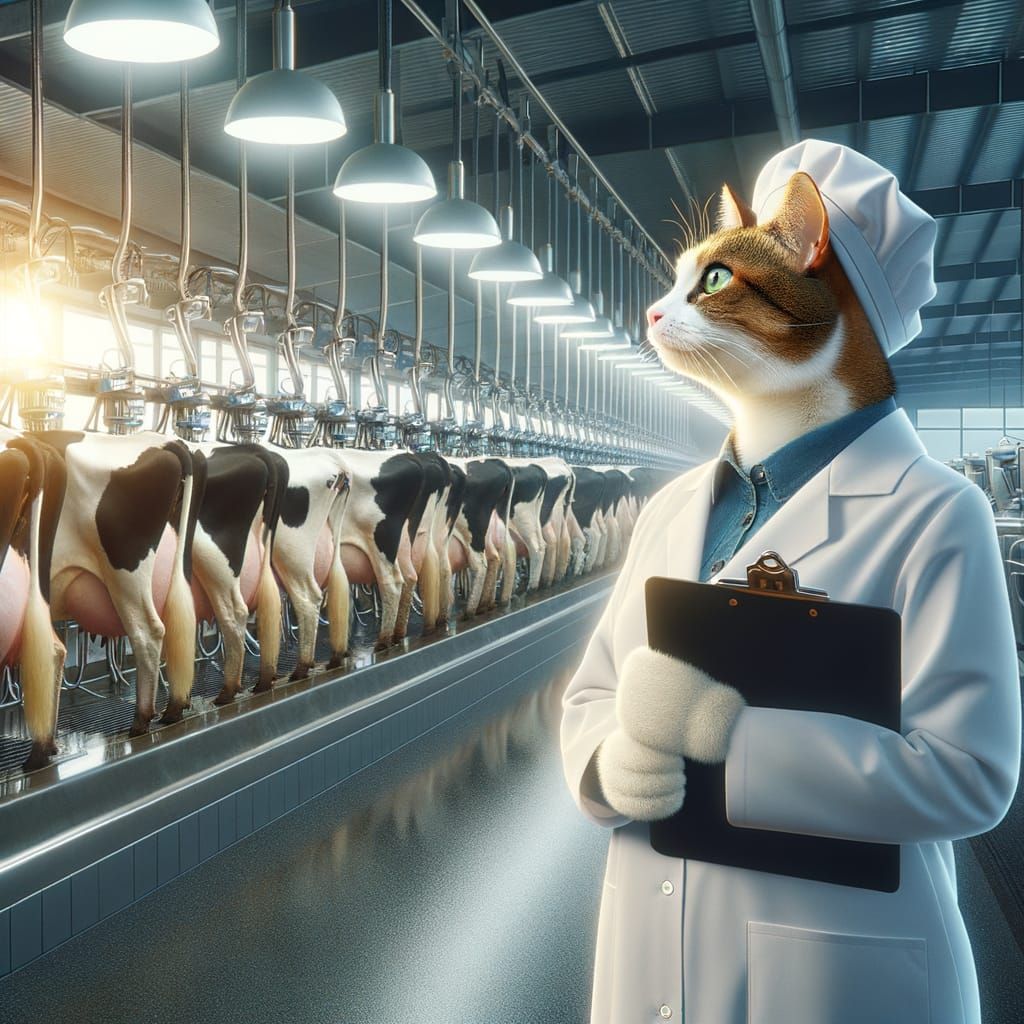 Cat Health Inspector Oversees Modern Dairy Milking Parlor
