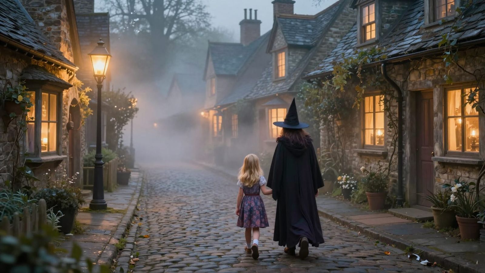 Blonde Girl and Wizard Walk Through Misty Village