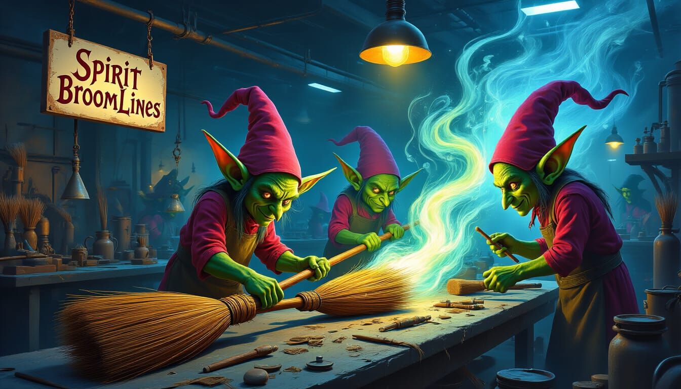Goblins Craft Magical Brooms in Surreal Factory