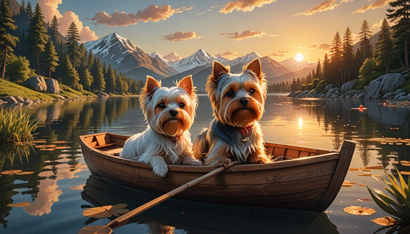 Dogs Relaxing in Rowboat at Sunset: Digital Painting