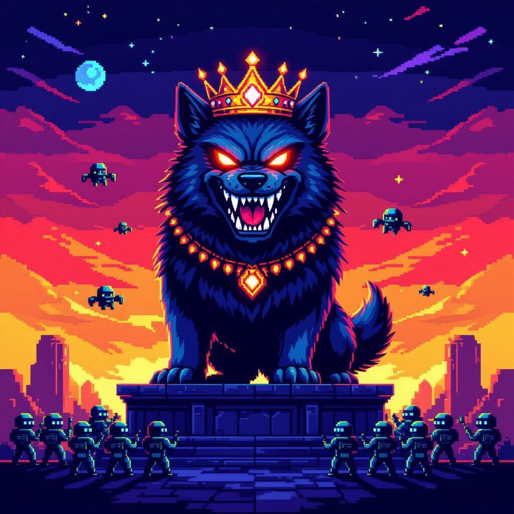 Menacing Cosmic Dog Commands Alien Army in Pixel Art