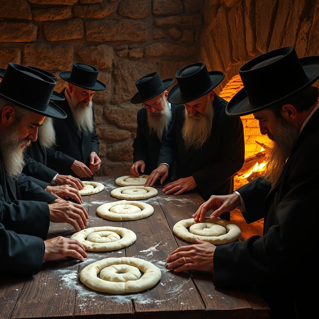 A scene of baking matzah. A group of people, ultra-Orthodox men of all types, standing at a table with dough, rolling it...