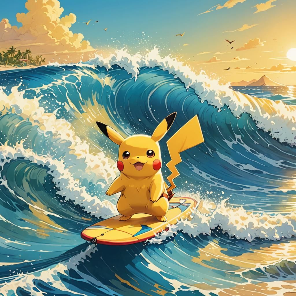 Pikachu Rides a Wave in Vermeer Style