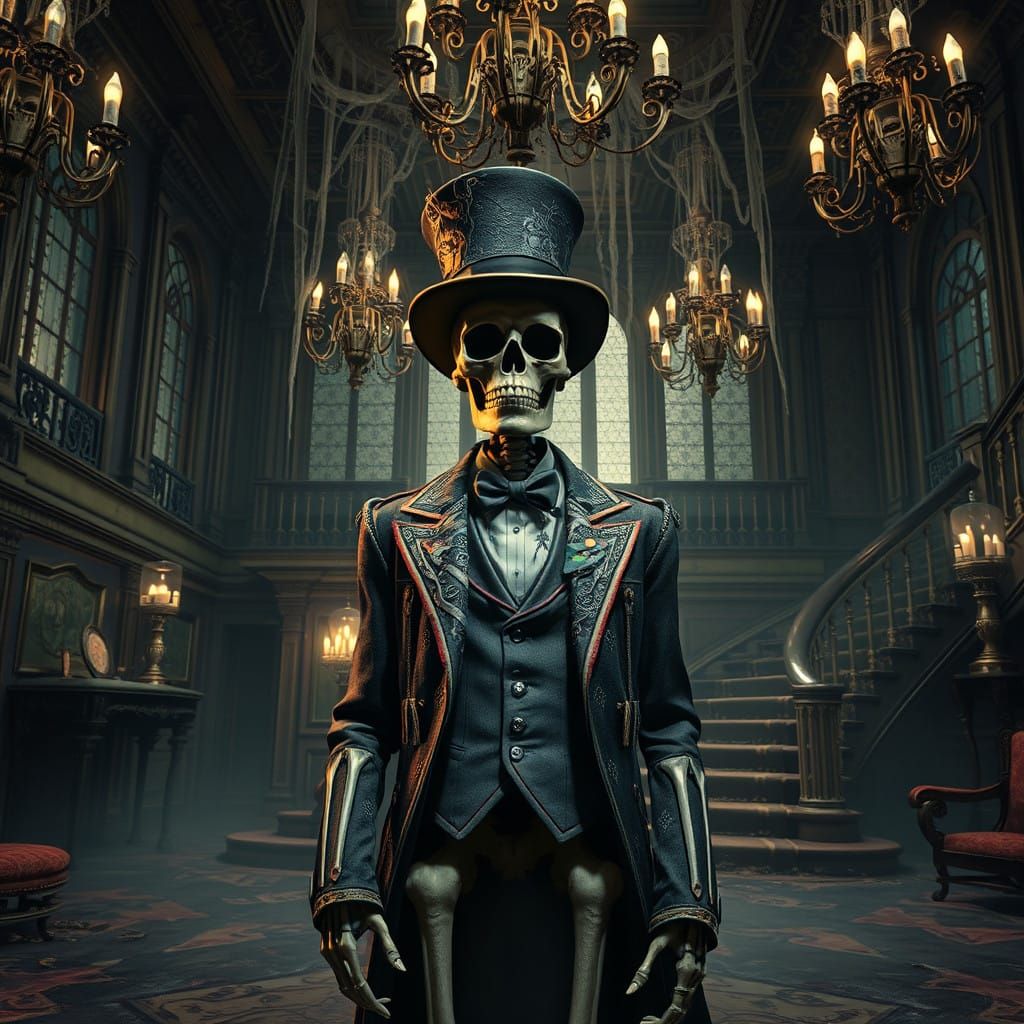 Ethereal Skeleton in Haunting Mansion Attire