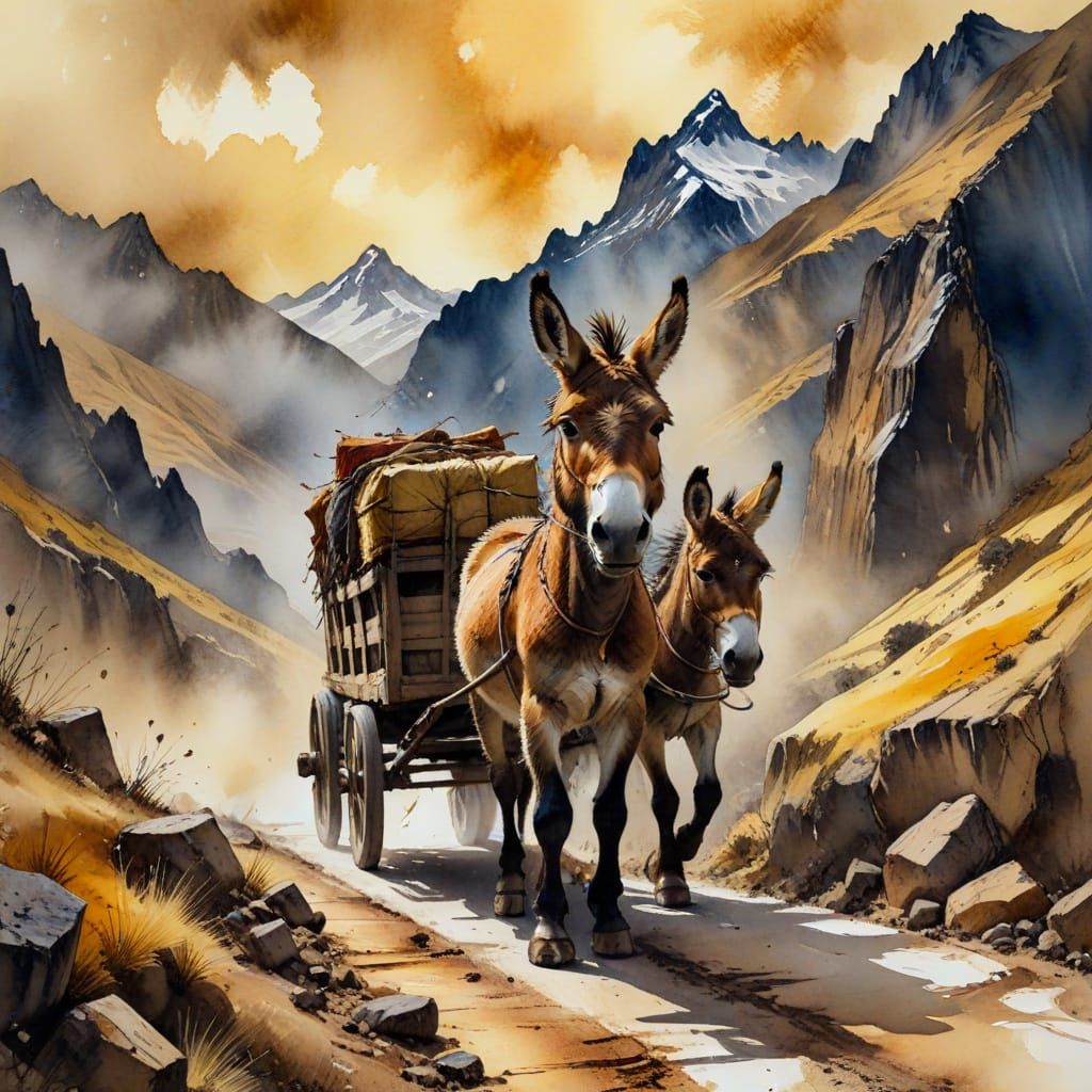 Andean Donkey Cart in Watercolour Alcohol Ink Style