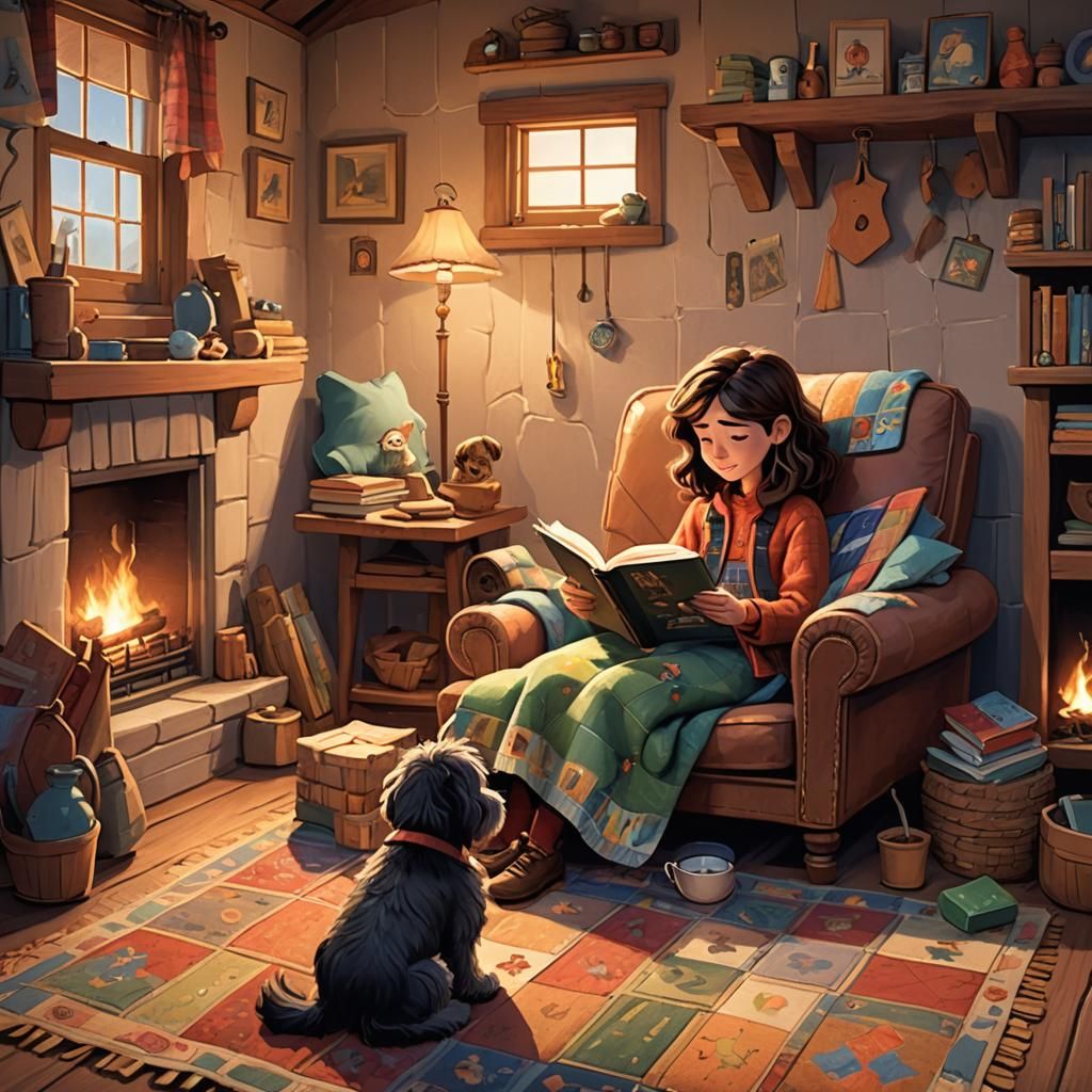 Cozy Cabin: Girl Reading to Dog in Pixar Style