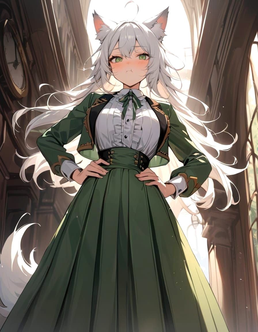 Victorian Era Steampunk Girl with Wolf Ears and Stifled Laug...