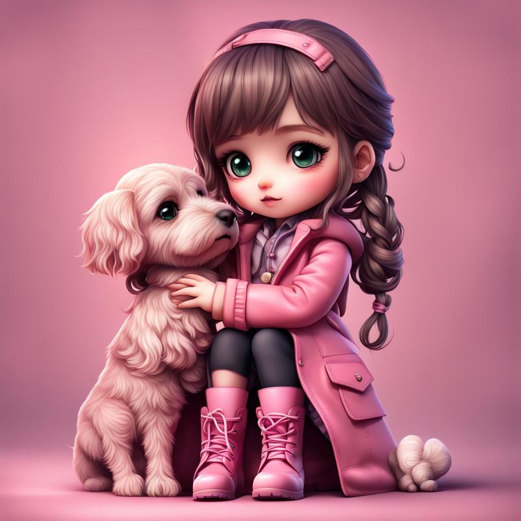 Chibi Girl Holding Puppy in Valentine's Style