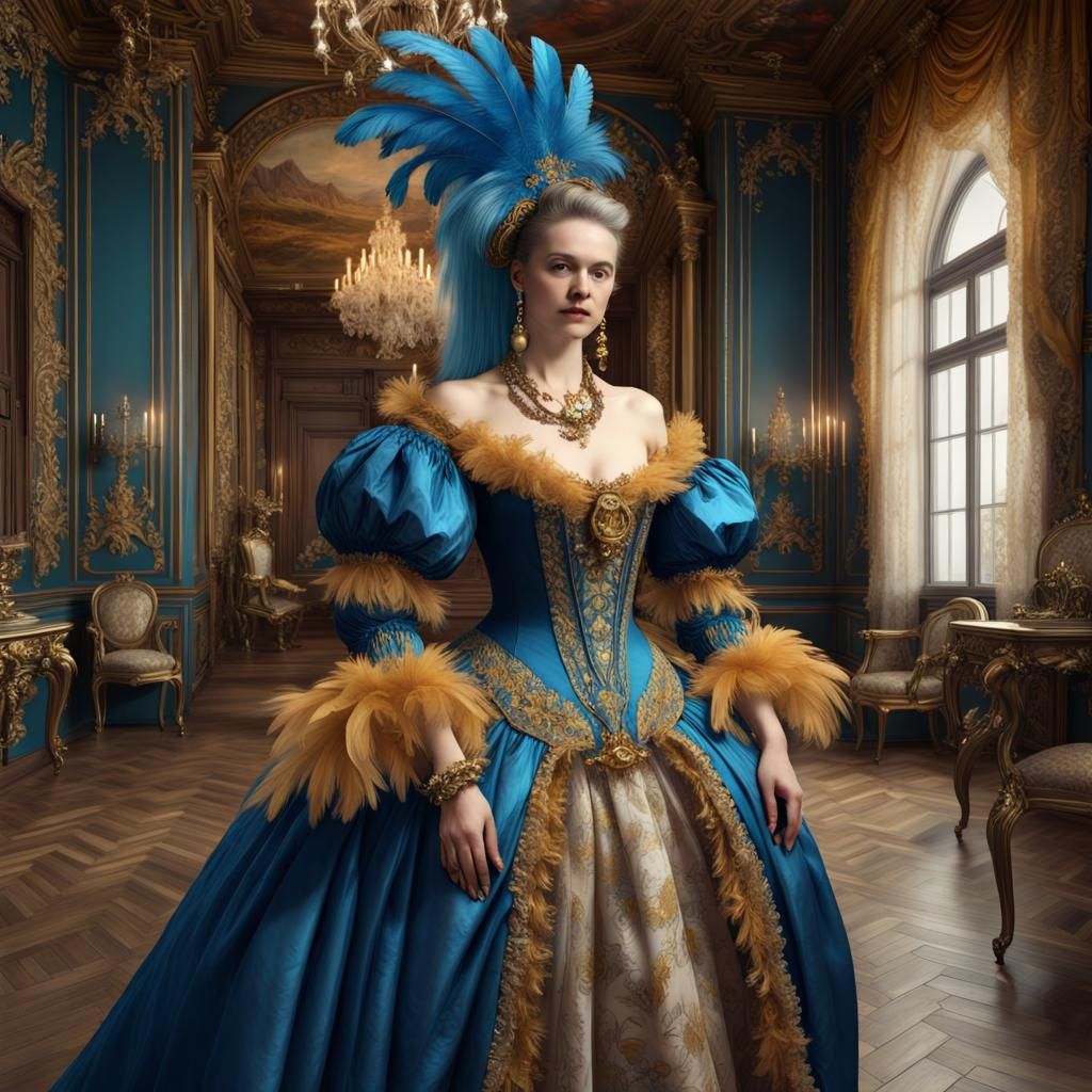 Blue Parrot in Baroque Dress, Rococo Interior