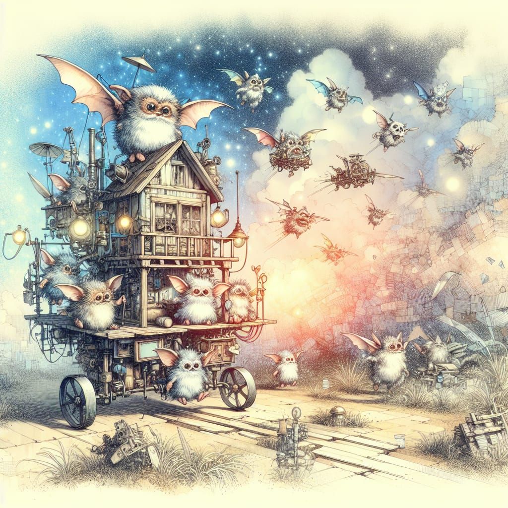 Whimsical Gremlins Pilot Flying Junk House