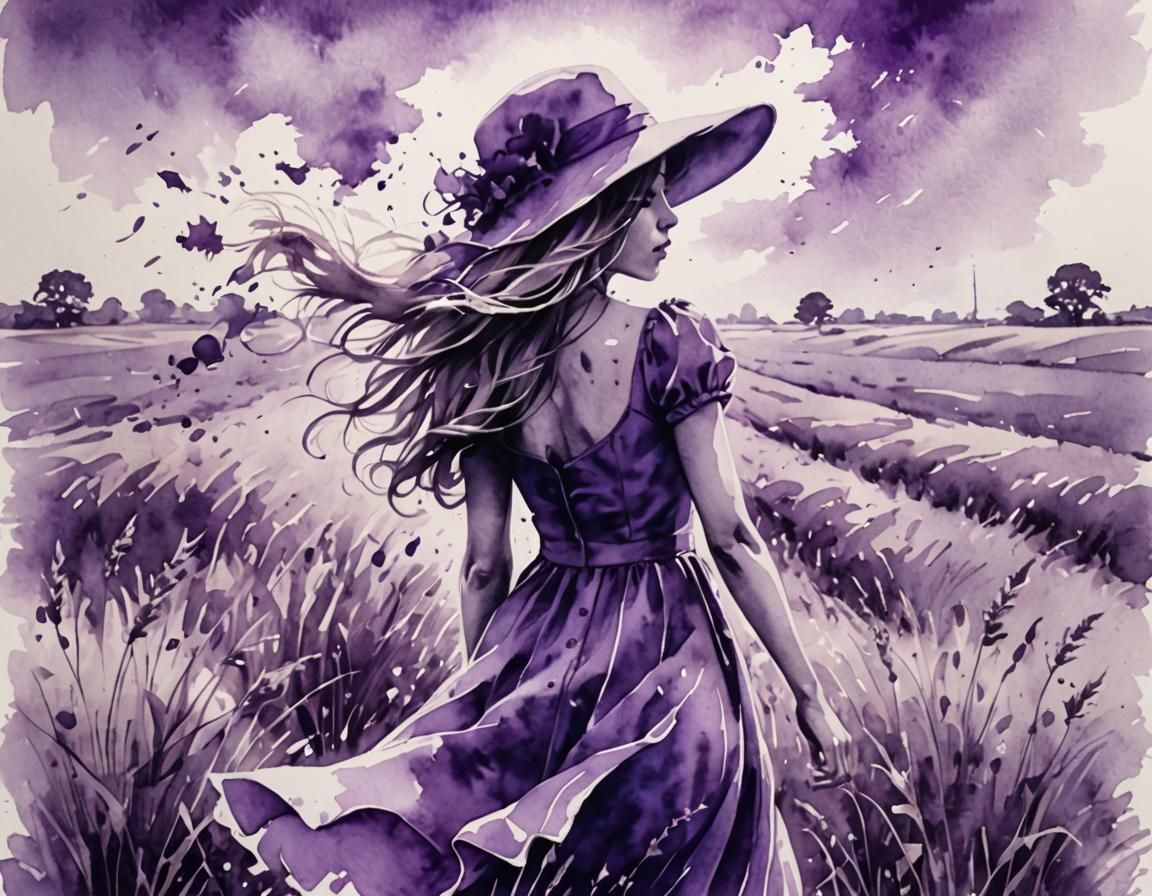 Girl in Purple Field: Monochromatic Watercolor