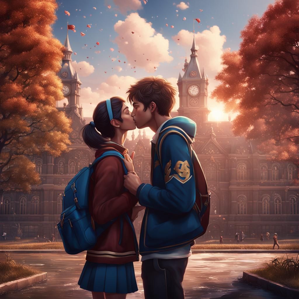 High School Romance: Kiss in Detailed Matte Painting