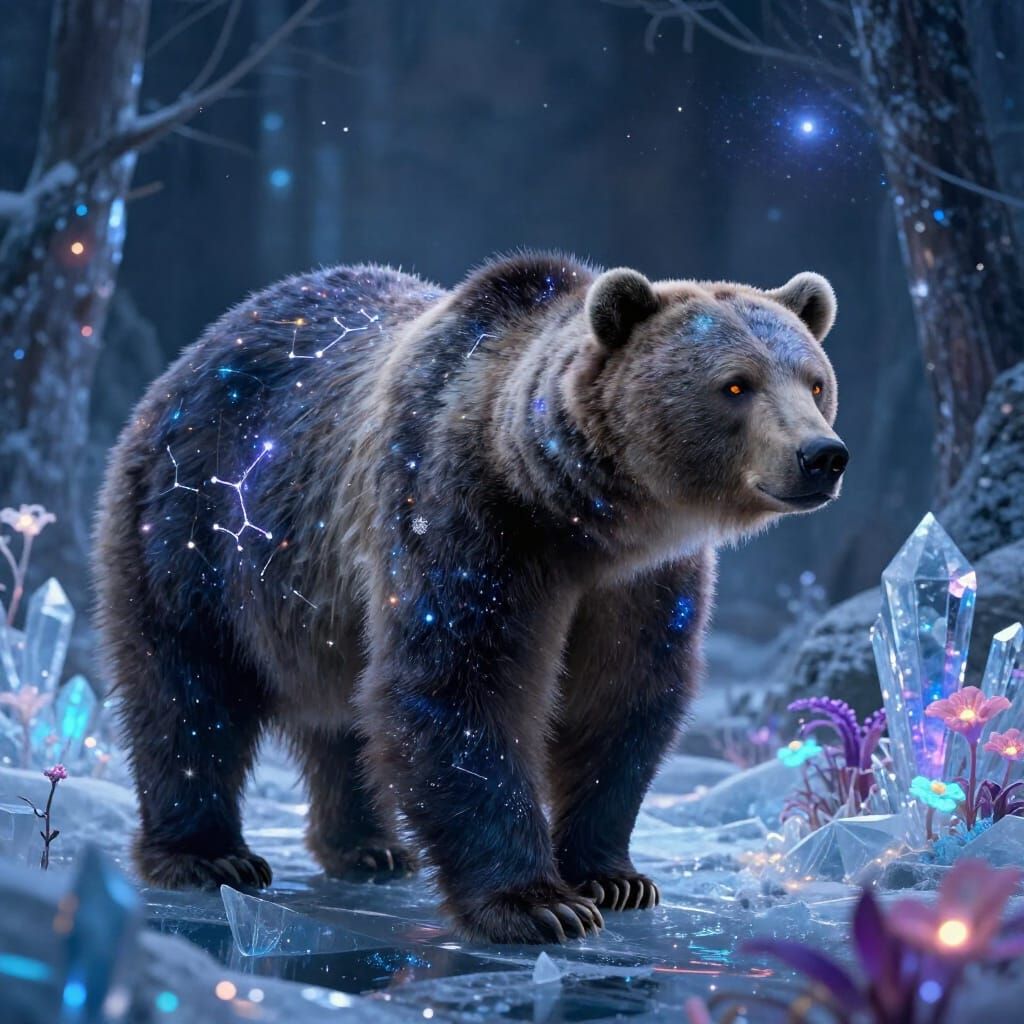 Cosmic Bear in Bioluminescent Ice Forest