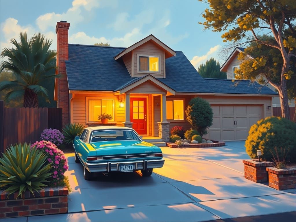 Cozy 80s House and Car in Warm Oil Painting Style