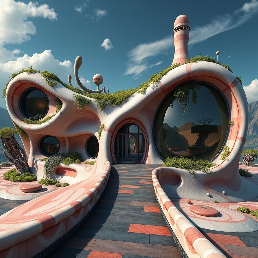 Surrealist Futuristic Building with Melting Facade and Dream...