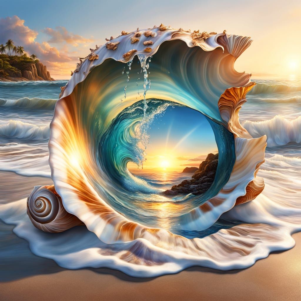 Surreal Summer Waterfall in Seashell Beach Scene