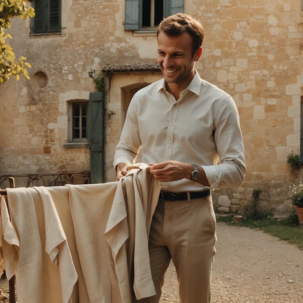 Macron-like Figure Smiles at Shirt in Film Still