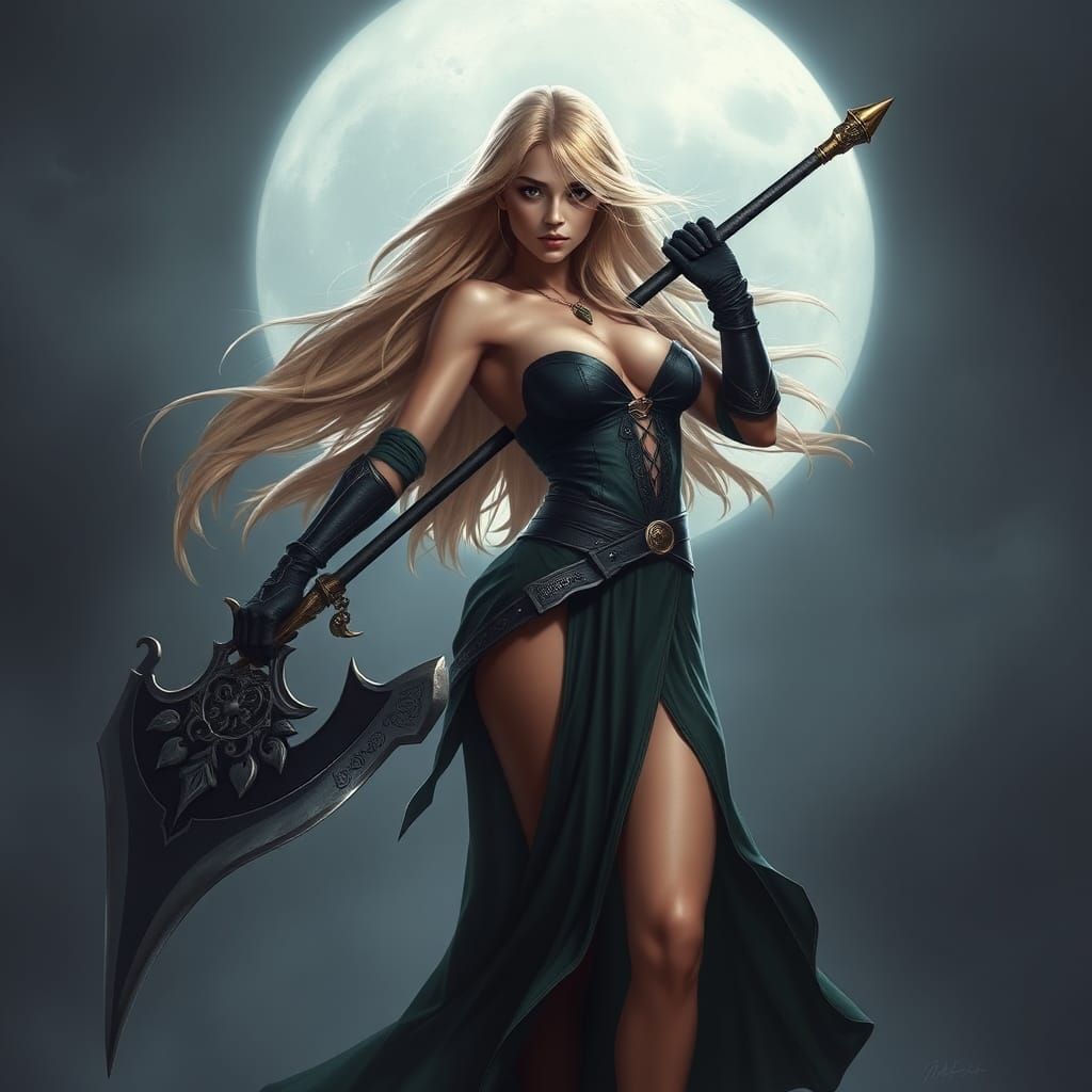 Ethereal Warrior with Scythe in Moonlight